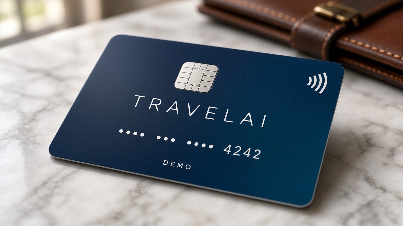 Carta fisica TravelAI in primo piano, design premium di viaggio