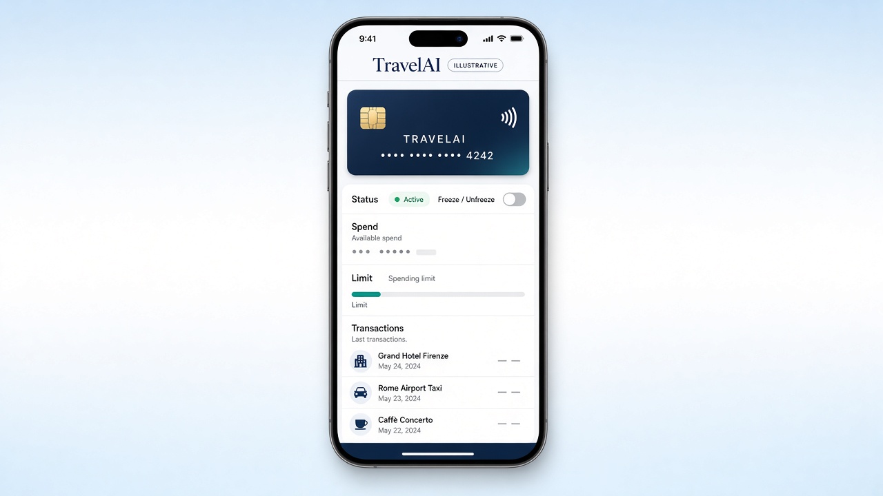 Vista illustrativa dell’app TravelAI: stato carta, limite e transazioni di esempio