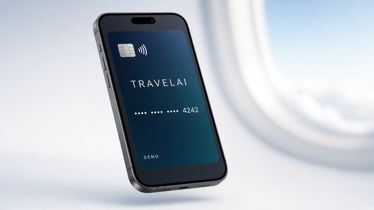 Carta virtuale TravelAI su smartphone, numero mascherato decorativo